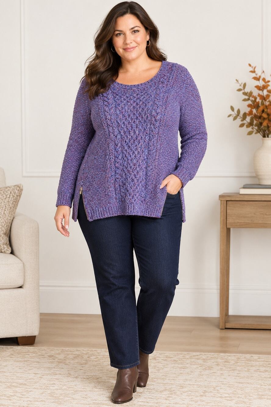 Talbots Merino Wool Blend Purple Cable Knit Sweater Side Zip 1X Petite Cozy